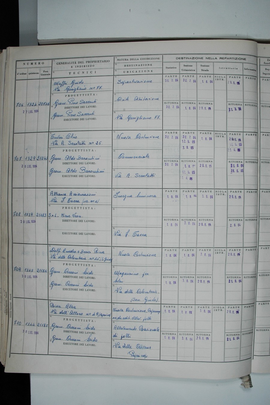 Foto del lato sinistro del registro con i dati della pratica 707/1964