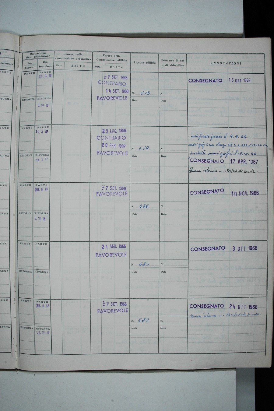 Foto del lato destro del registro con i dati della pratica 580/1966