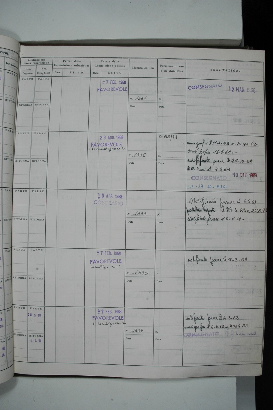 Foto del lato destro del registro con i dati della pratica 1306/1967