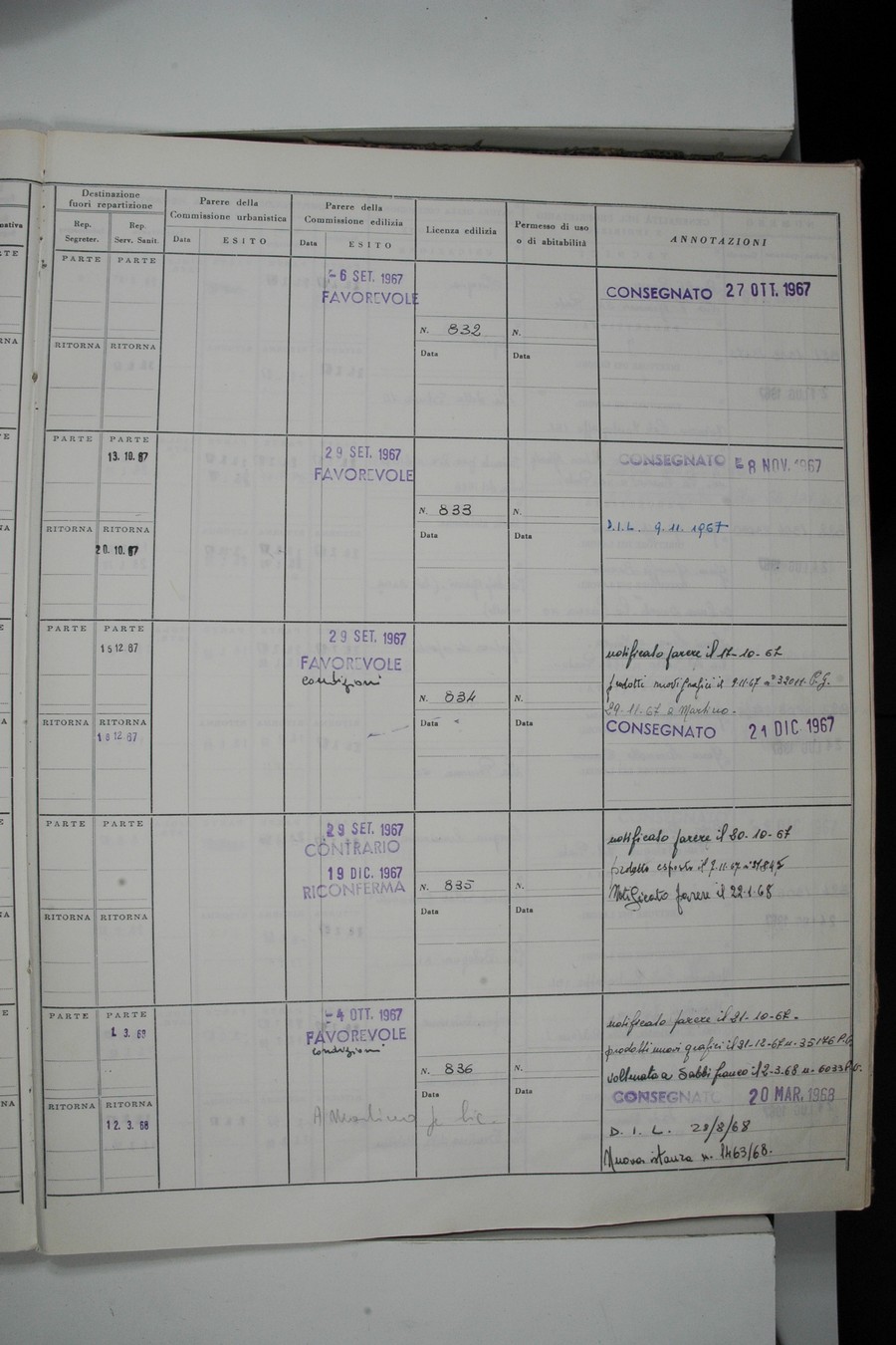 Foto del lato destro del registro con i dati della pratica 820/1967