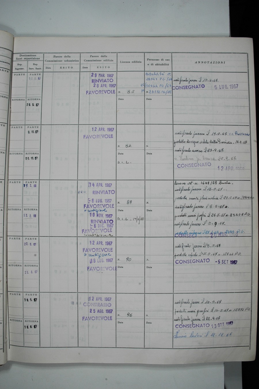 Foto del lato destro del registro con i dati della pratica 88/1967