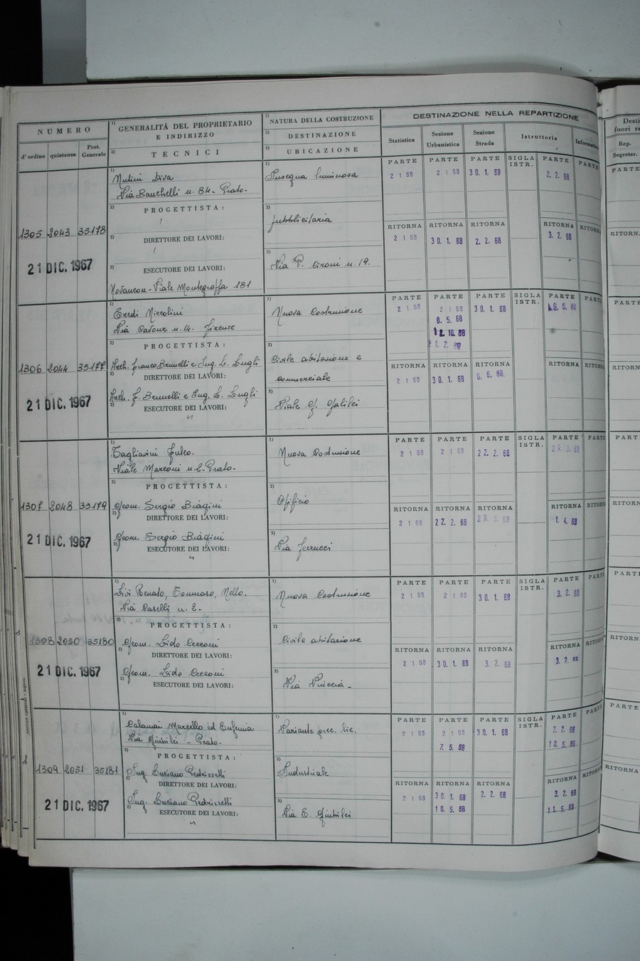 Foto del lato sinistro del registro con i dati della pratica 1306/1967