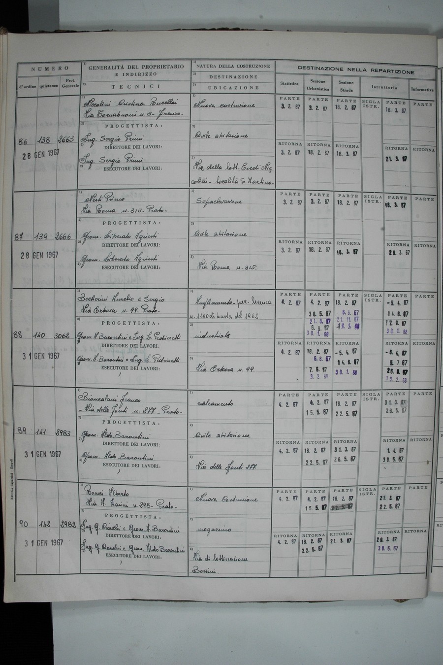 Foto del lato sinistro del registro con i dati della pratica 88/1967