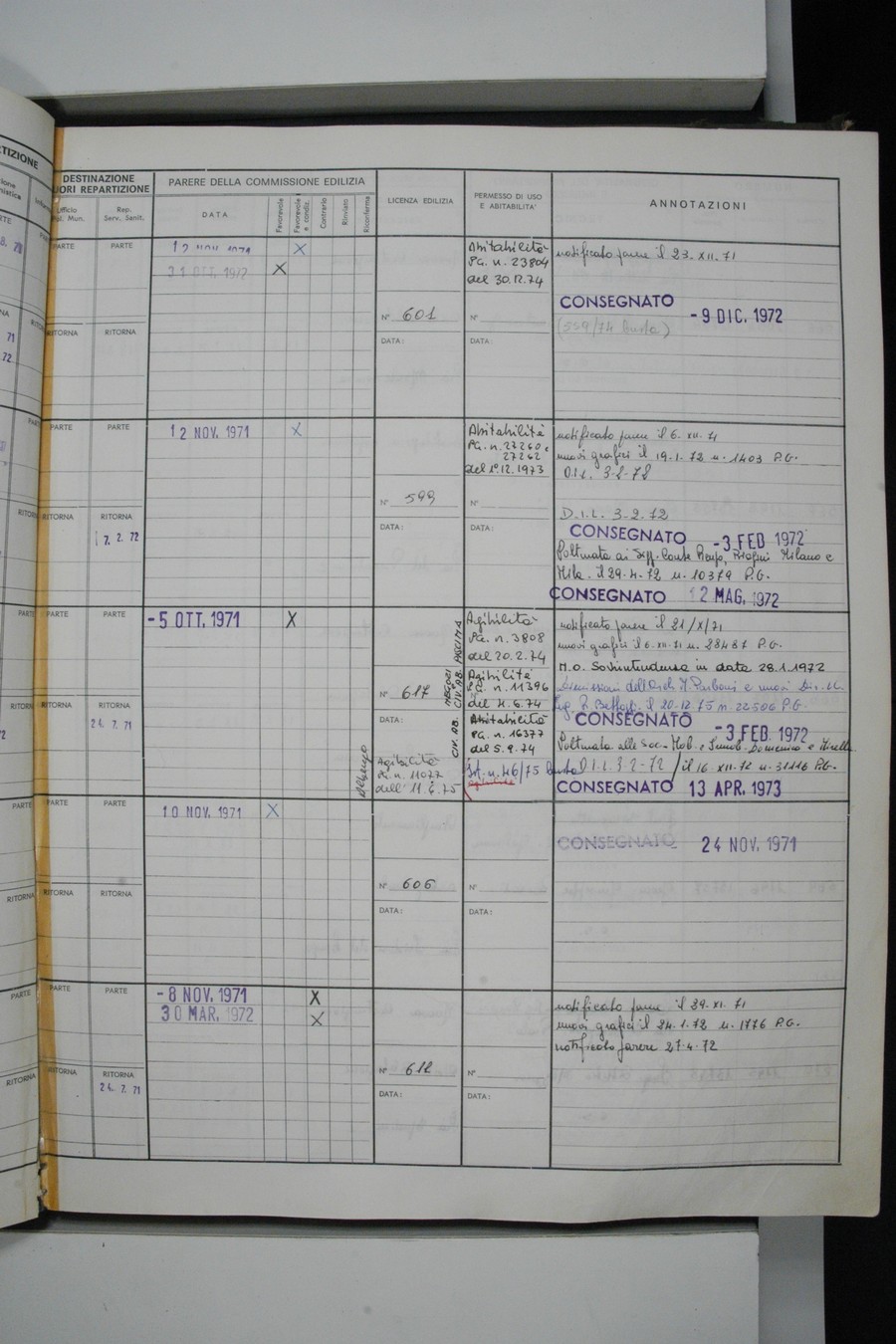 Foto del lato destro del registro con i dati della pratica 563/1971