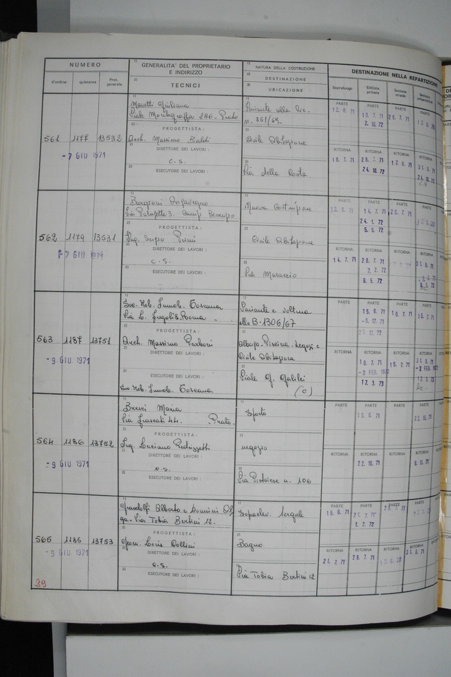Foto del lato sinistro del registro con i dati della pratica 563/1971