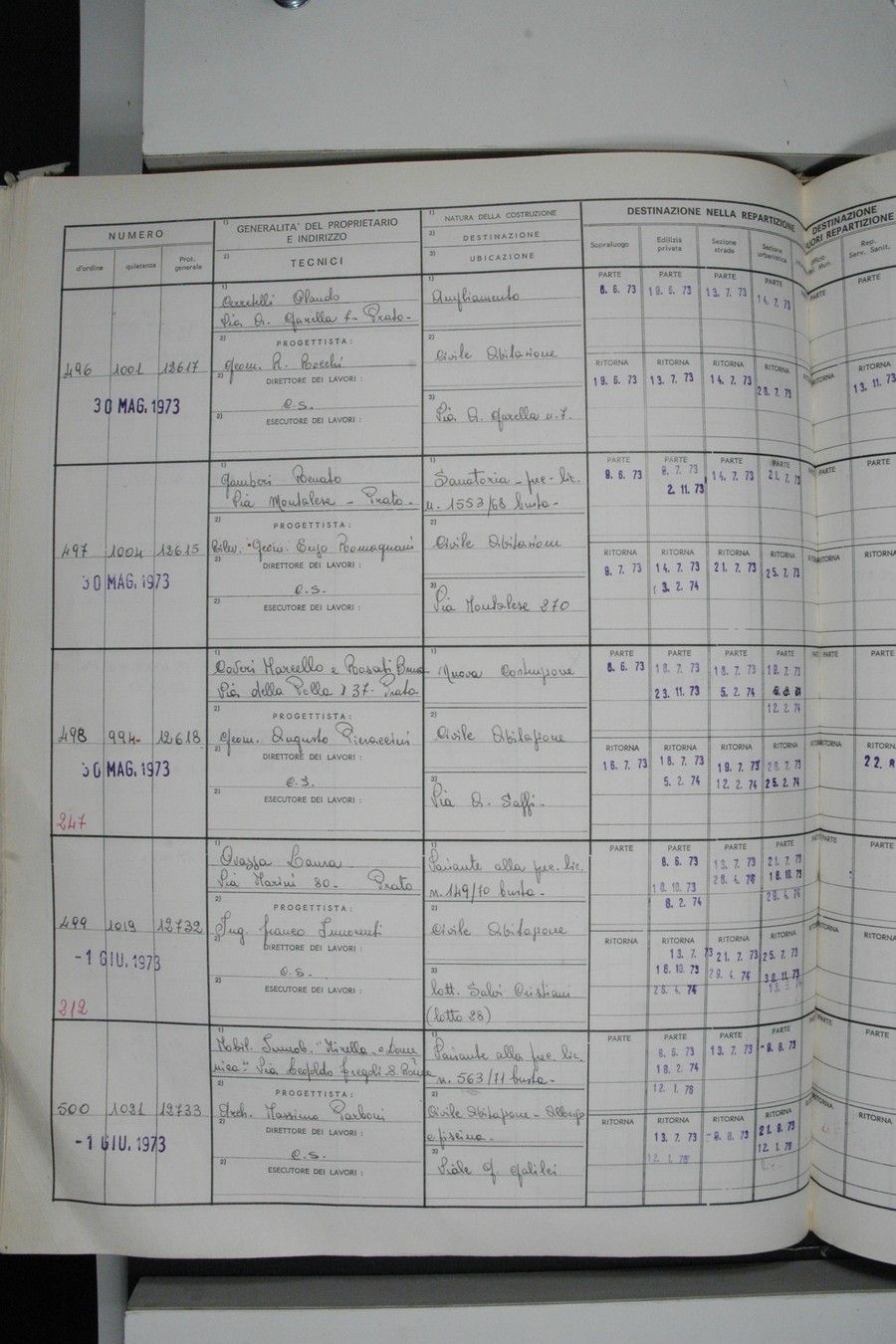 Foto del lato sinistro del registro con i dati della pratica 500/1973