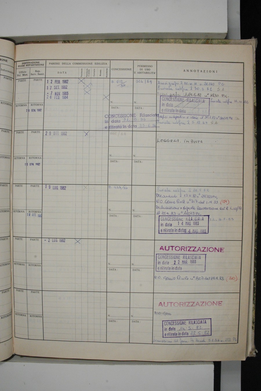 Foto del lato destro del registro con i dati della pratica 616/1981