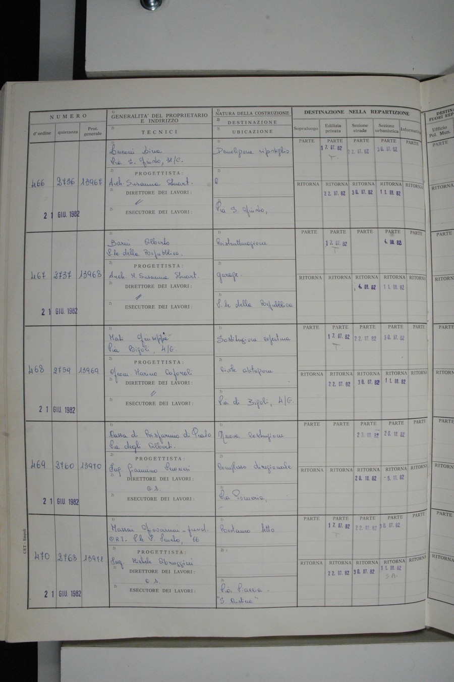 Foto del lato sinistro del registro con i dati della pratica 469/1982
