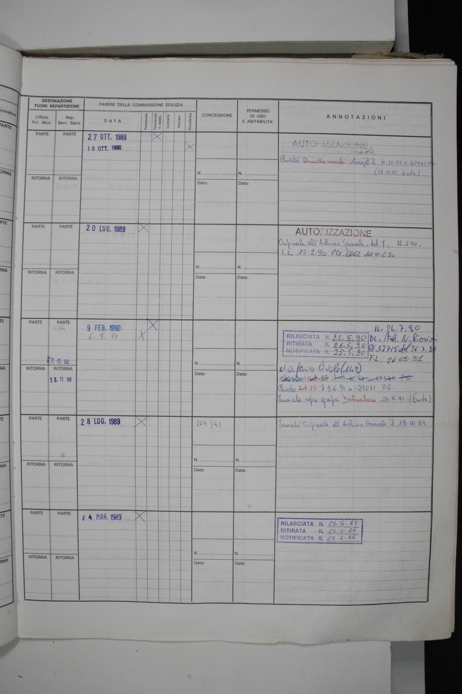 Foto del lato destro del registro con i dati della pratica 524/1989