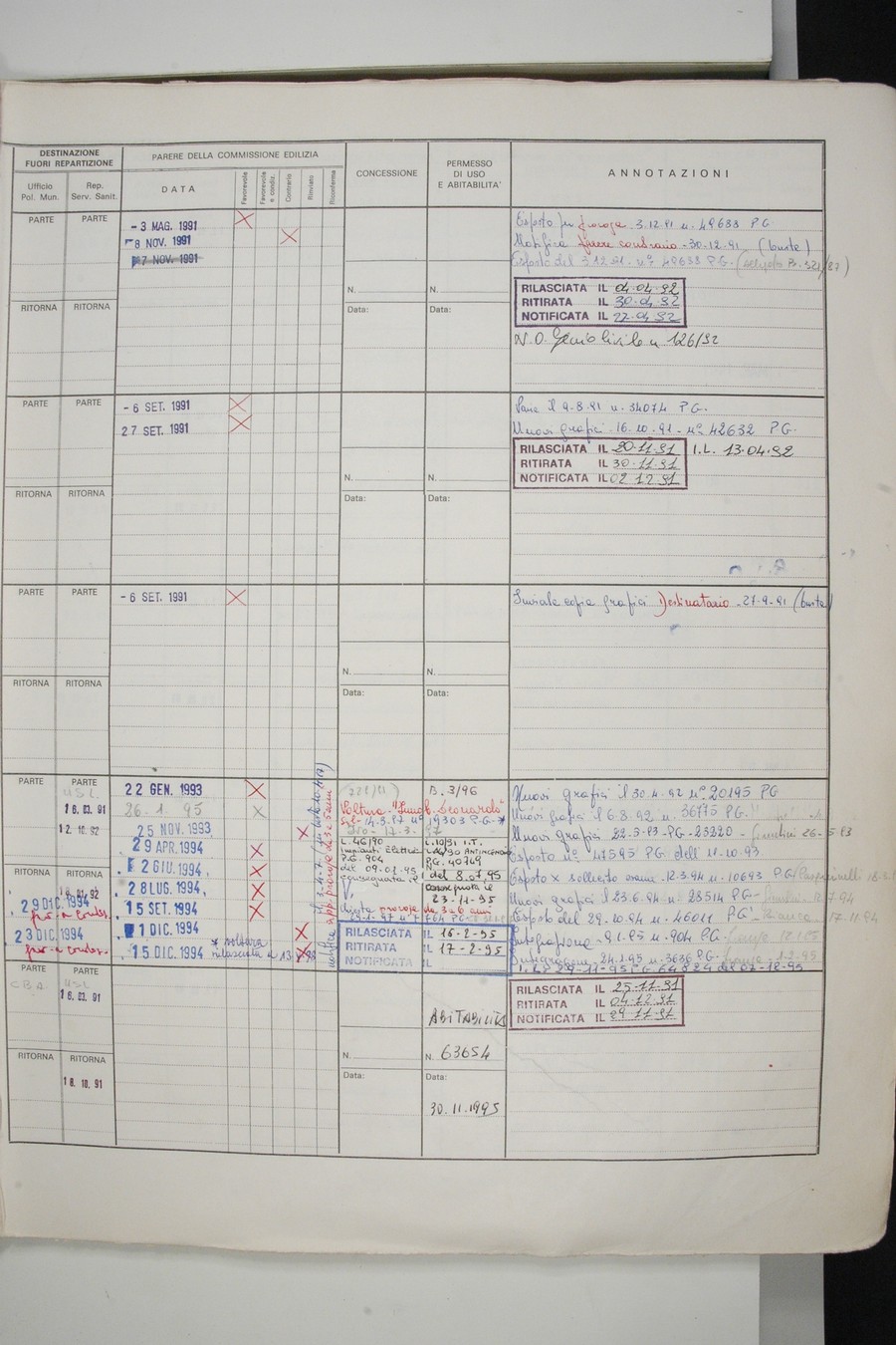 Foto del lato destro del registro con i dati della pratica 109/1991