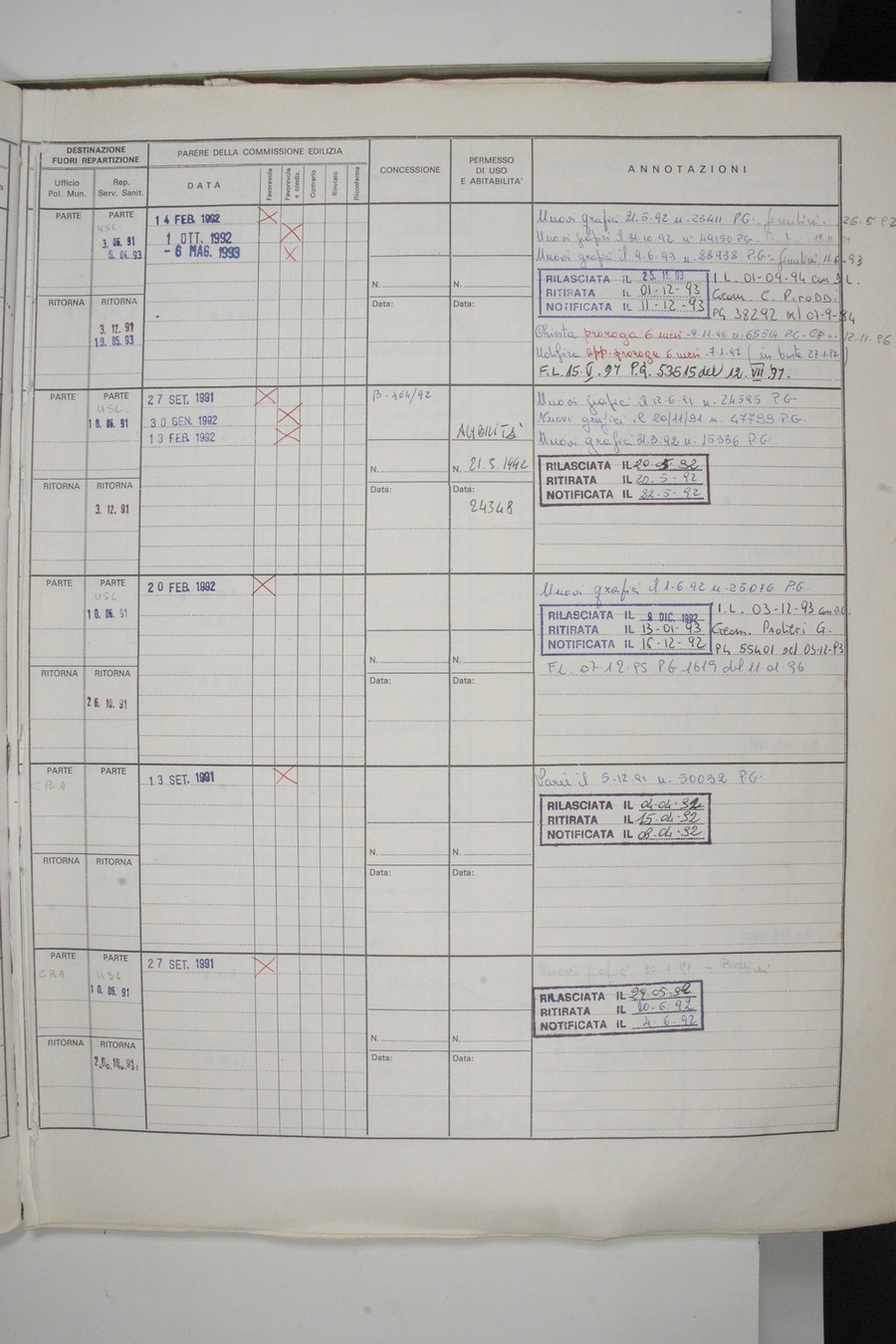 Foto del lato destro del registro con i dati della pratica 298/1991