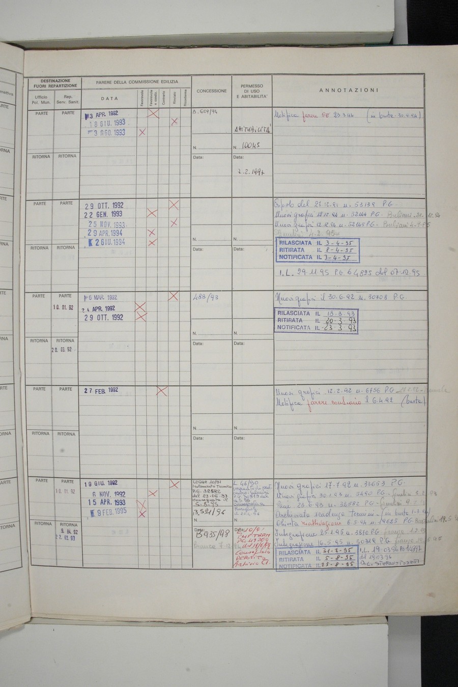 Foto del lato destro del registro con i dati della pratica 747/1991