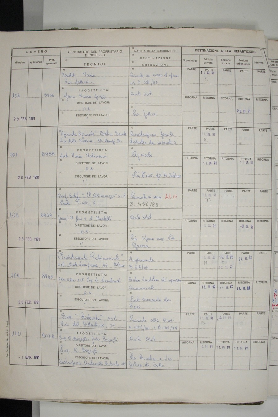 Foto del lato sinistro del registro con i dati della pratica 109/1991