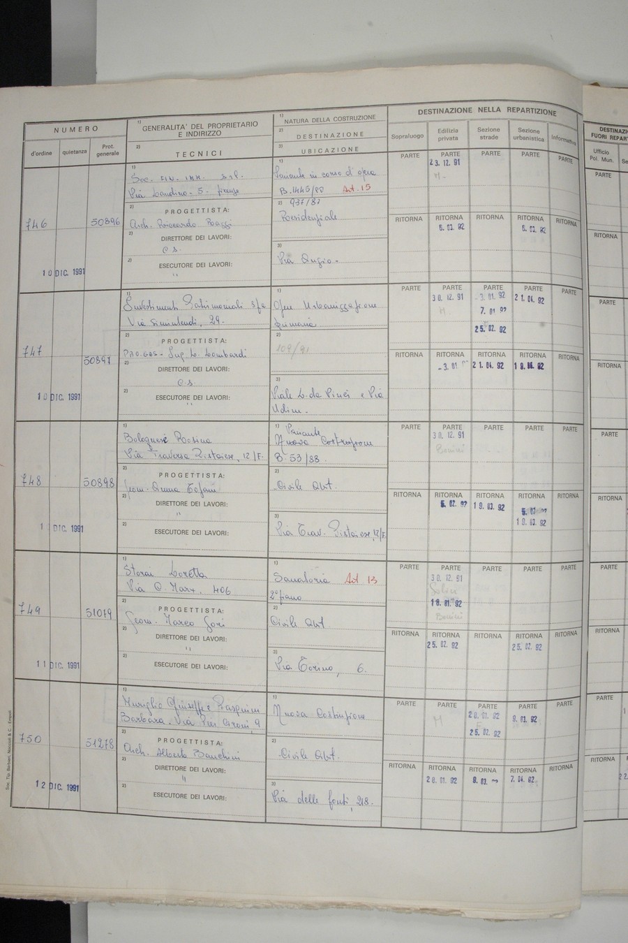 Foto del lato sinistro del registro con i dati della pratica 747/1991