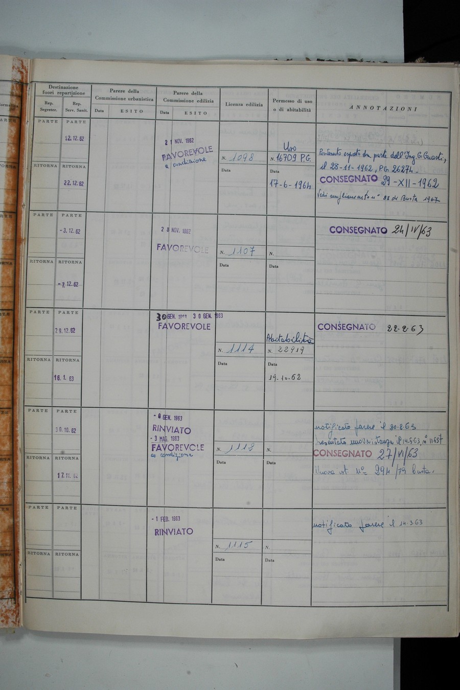 Foto del lato destro del registro con i dati della pratica 1100/1962