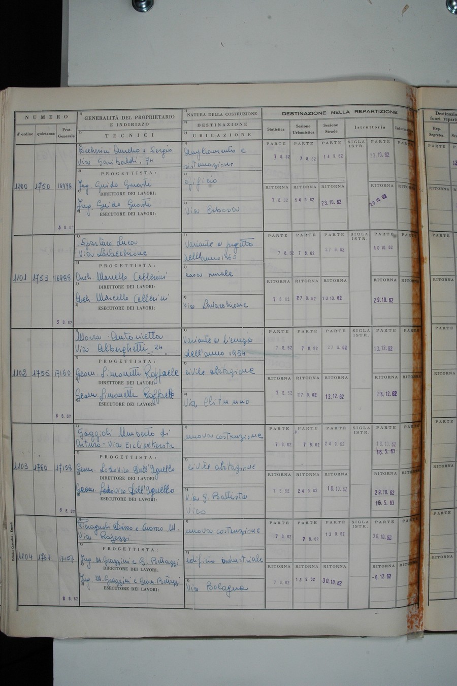 Foto del lato sinistro del registro con i dati della pratica 1100/1962